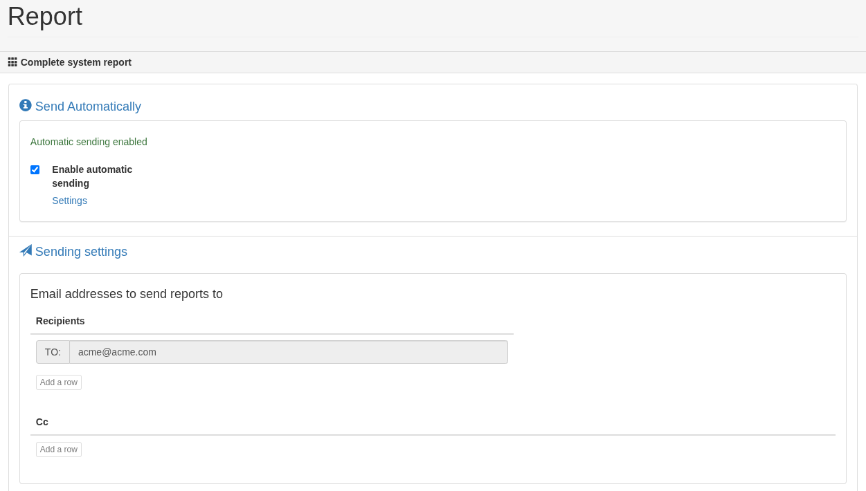 Sending settings for reports